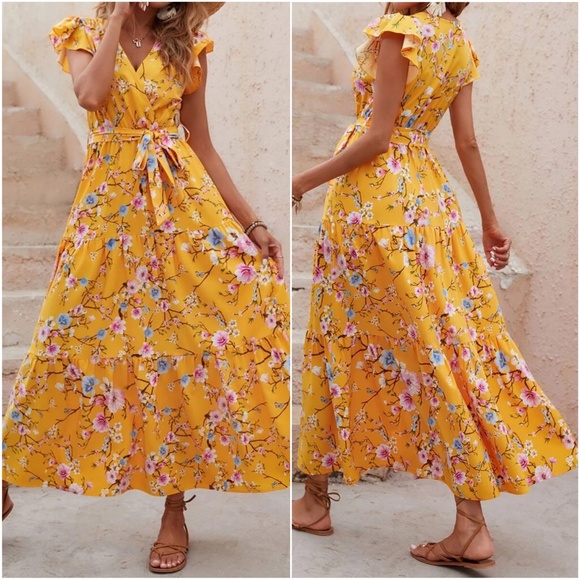 Boho Floral Print Butterfly Sleeve Maxi Dress - Picture 9 of 16